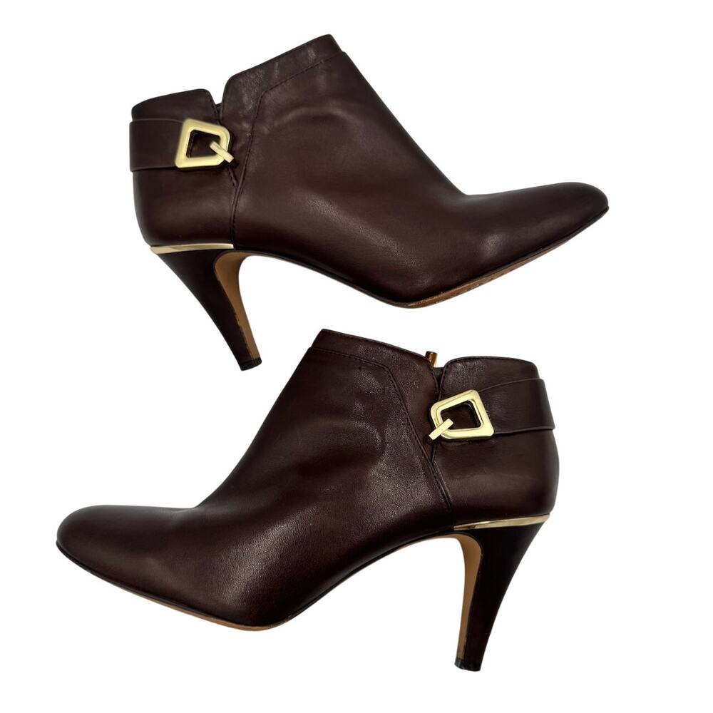 Vince Camuto Vernaya Ankle Booties 10M Espresso Brown Leather Gold Buckle Heels - Picture 2 of 16